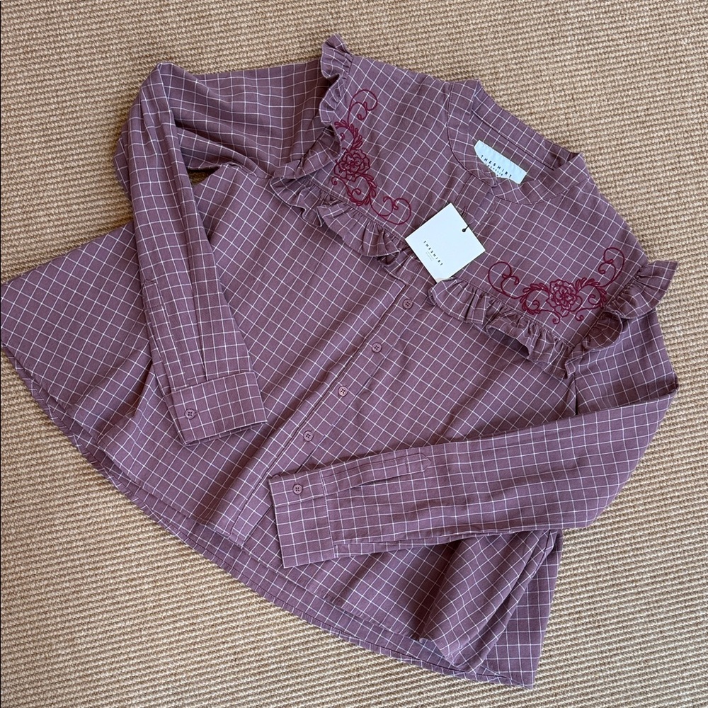 NWT The Shirt Rochelle Behrens Plaid Western Shirt w/ Ruffled Yoke & Embroidered